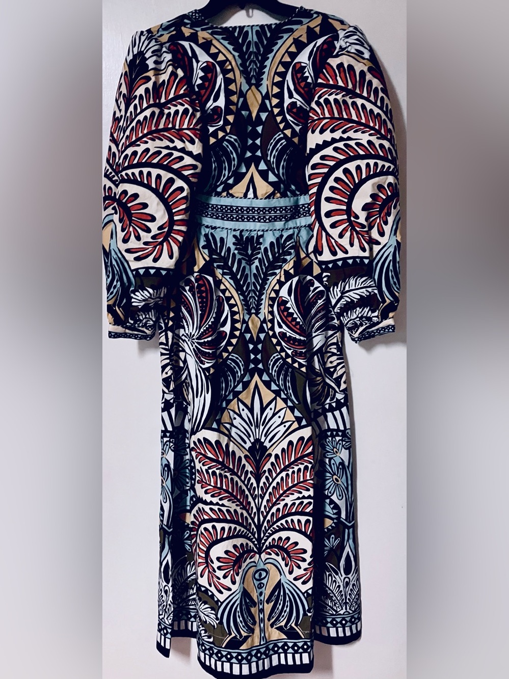 FARM Rio Warm Blue /Tan Multi Long Volume Sleeve Maxi Dress: Small - Picture 2 of 16